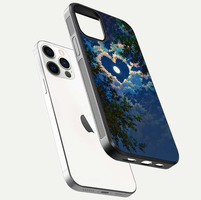 Heart with Moon Sky Glass Case for iPhone 12 Pro floating dual-view mockup showing gloss texture and romantic sky glow