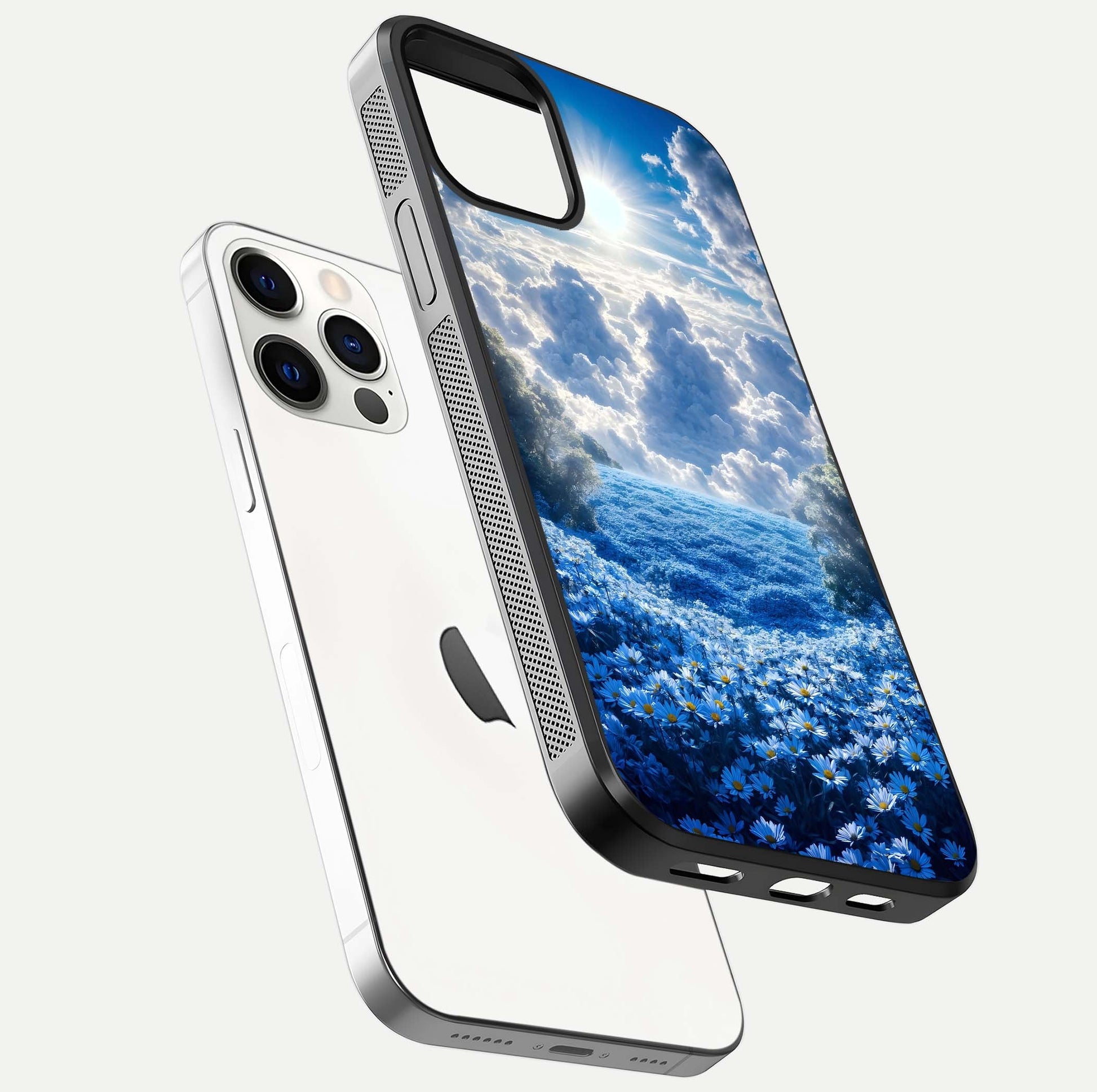 Heavenly Daisy Horizon Glass Case for iPhone 12 Pro floating dual-view mockup showing gloss polish and soft pastel background