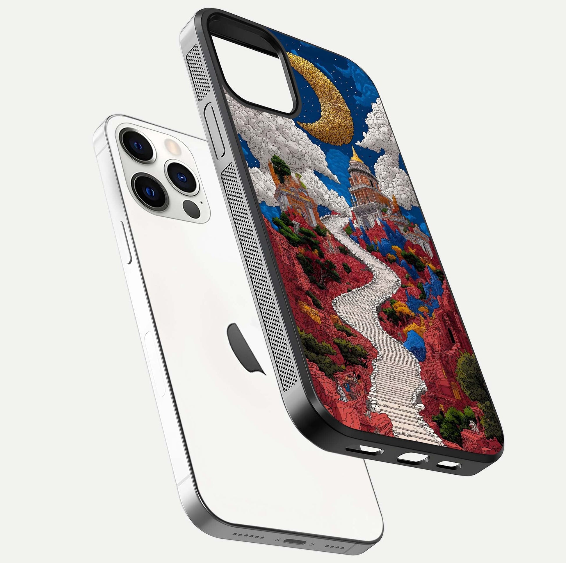 Heavenly Moon Path Glass Case for iPhone 12 Pro floating dual-view mockup showing gloss surface and celestial pathway