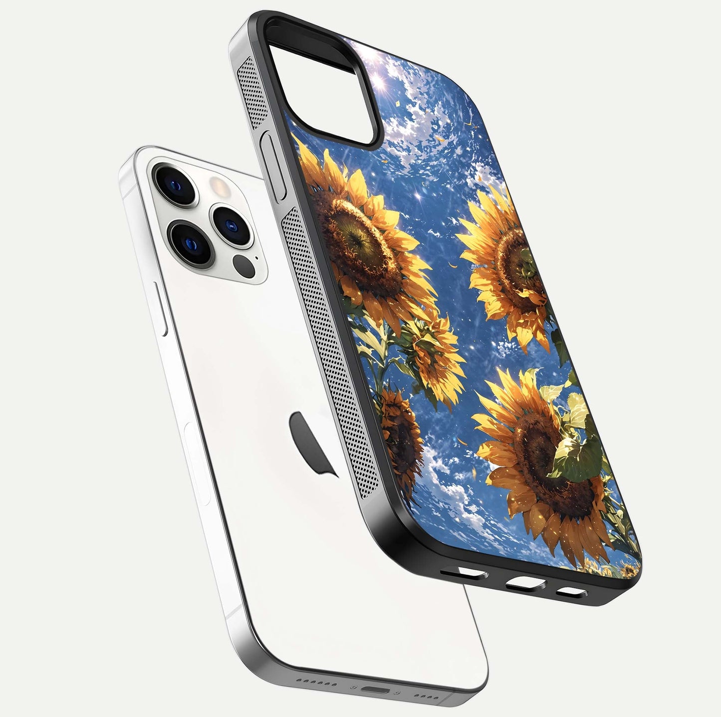 Heavenly Sunflower Rise Glass Case for iPhone 12 Pro floating dual-view mockup showing gloss brightness and morning-light feel