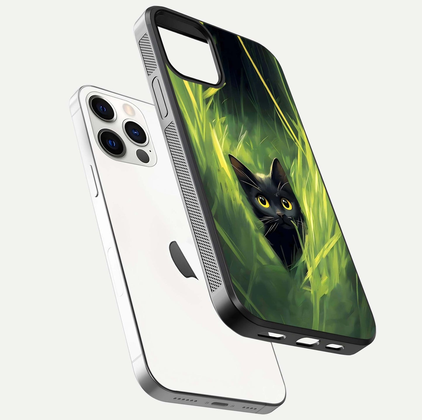 Hidden Cat Whisper Glass Case for iPhone 12 Pro floating dual-view mockup showing glossy tone and elegant cat silhouette