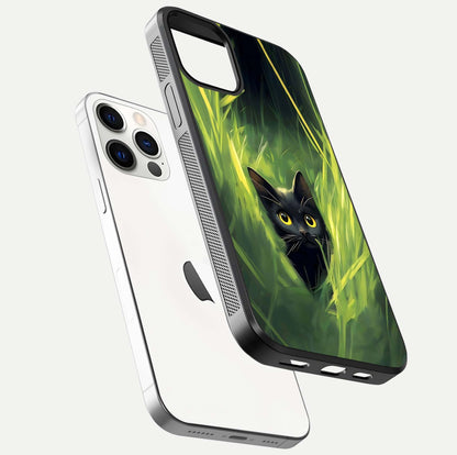 Hidden Cat Whisper Glass Case for iPhone 12 Pro floating dual-view mockup showing glossy tone and elegant cat silhouette