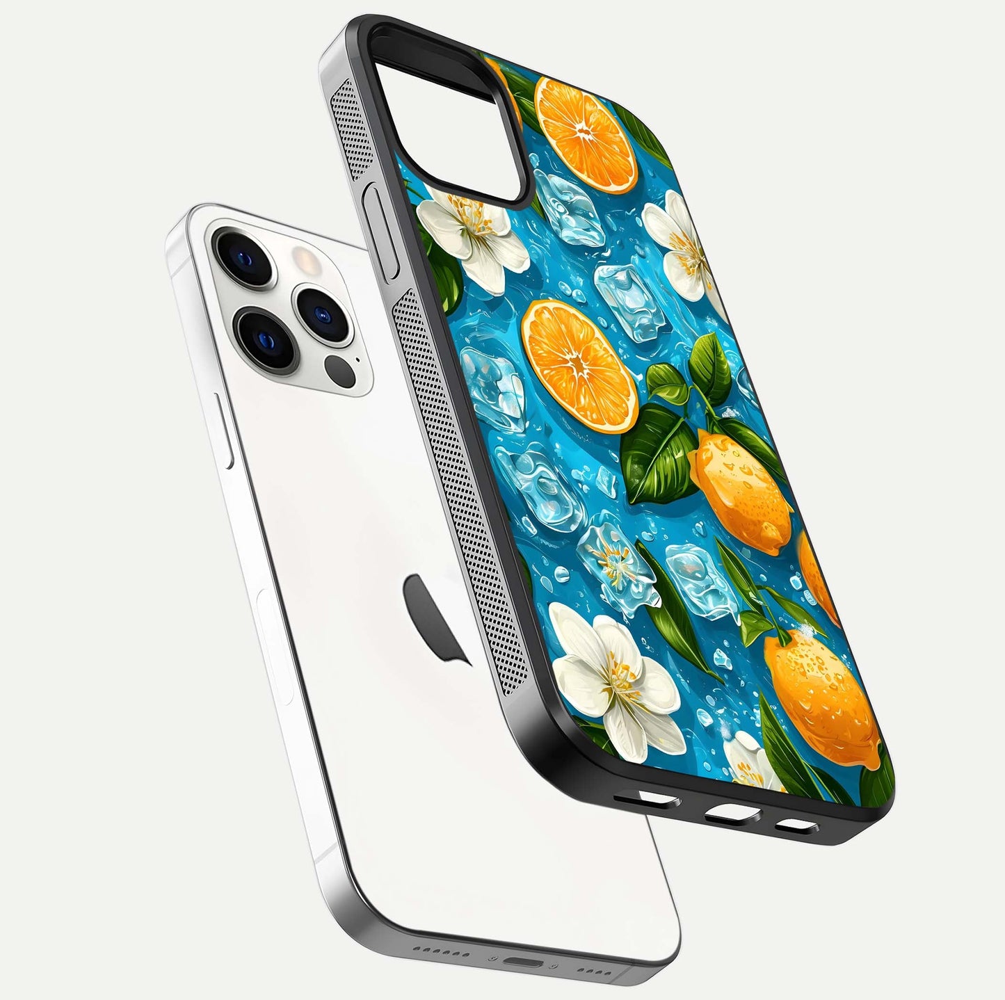 Ice Cube With Orange Glass Case for iPhone 12 Pro floating dual-view mockup showing glossy shine and cool refreshing tone