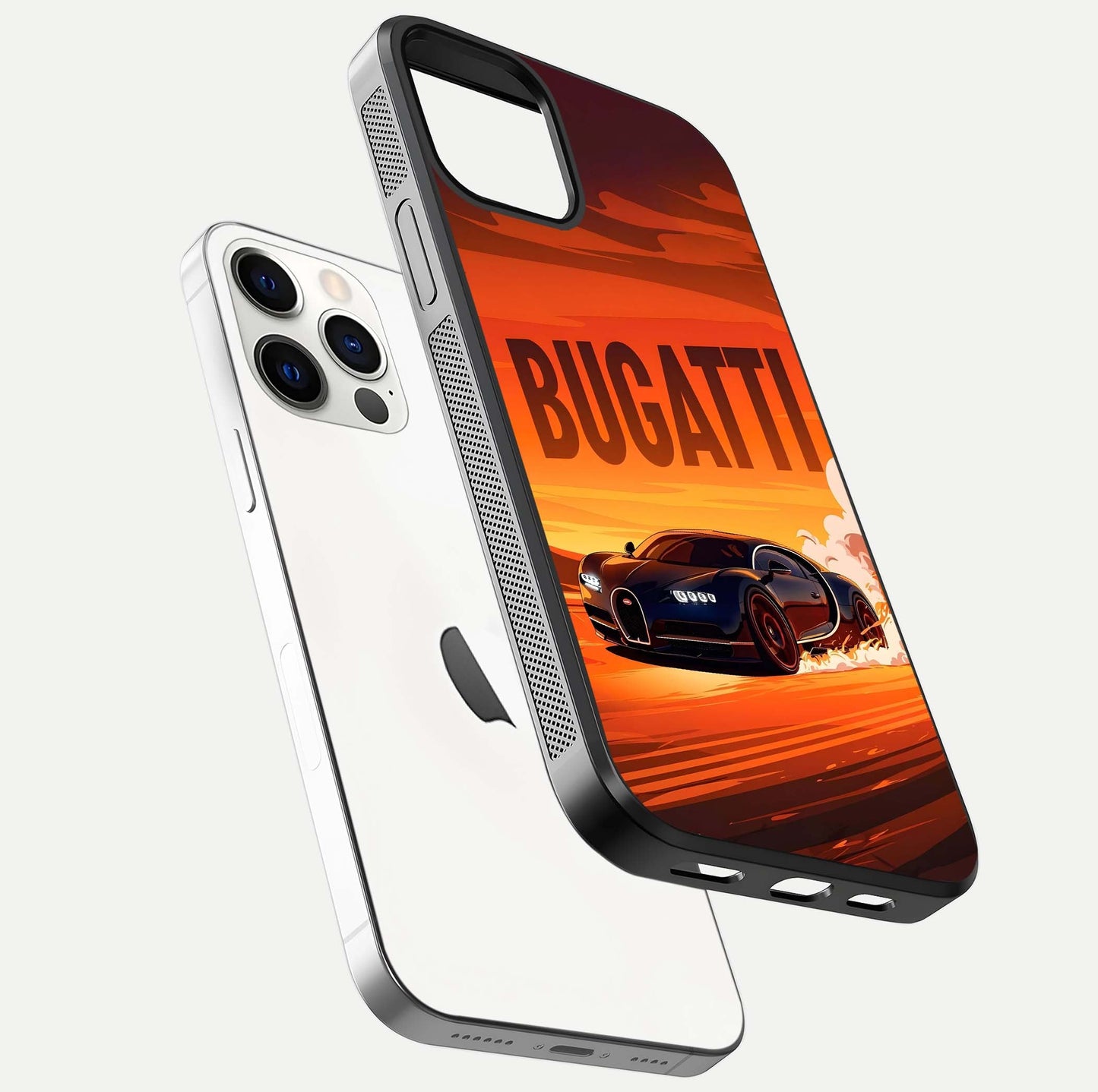 Inferno Bugatti Storm Glass Case for iPhone 12 Pro floating dual-view mockup showing gloss surface and racing energy