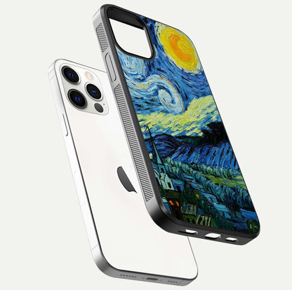 Inspired Van Gogh Art Glass Case for iPhone 12 Pro floating dual-view mockup showing gloss depth and artistic reflection