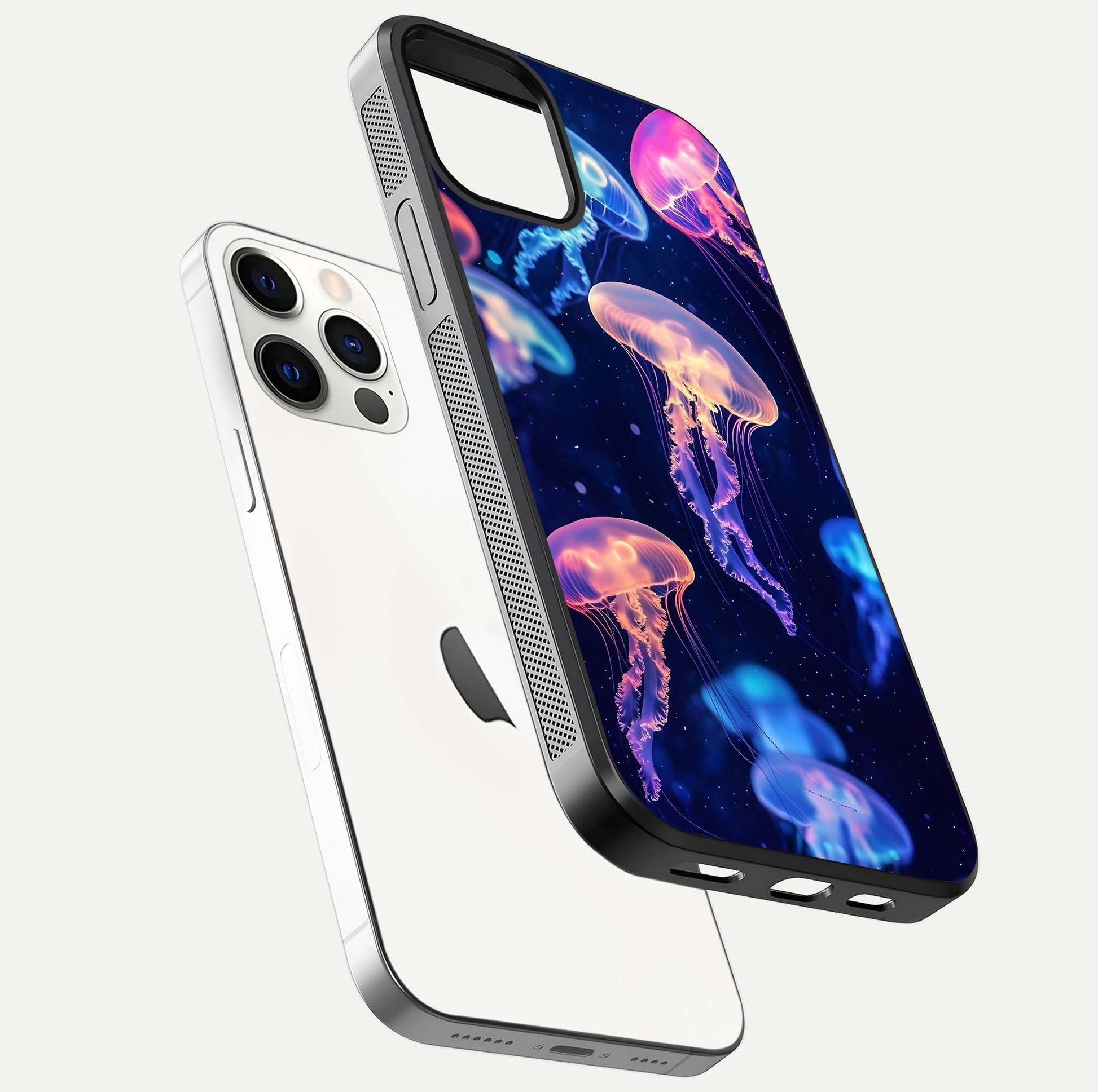 Jellyfish Pattern Glass Case for iPhone 12 Pro floating dual-view mockup showing gloss texture and oceanic depth