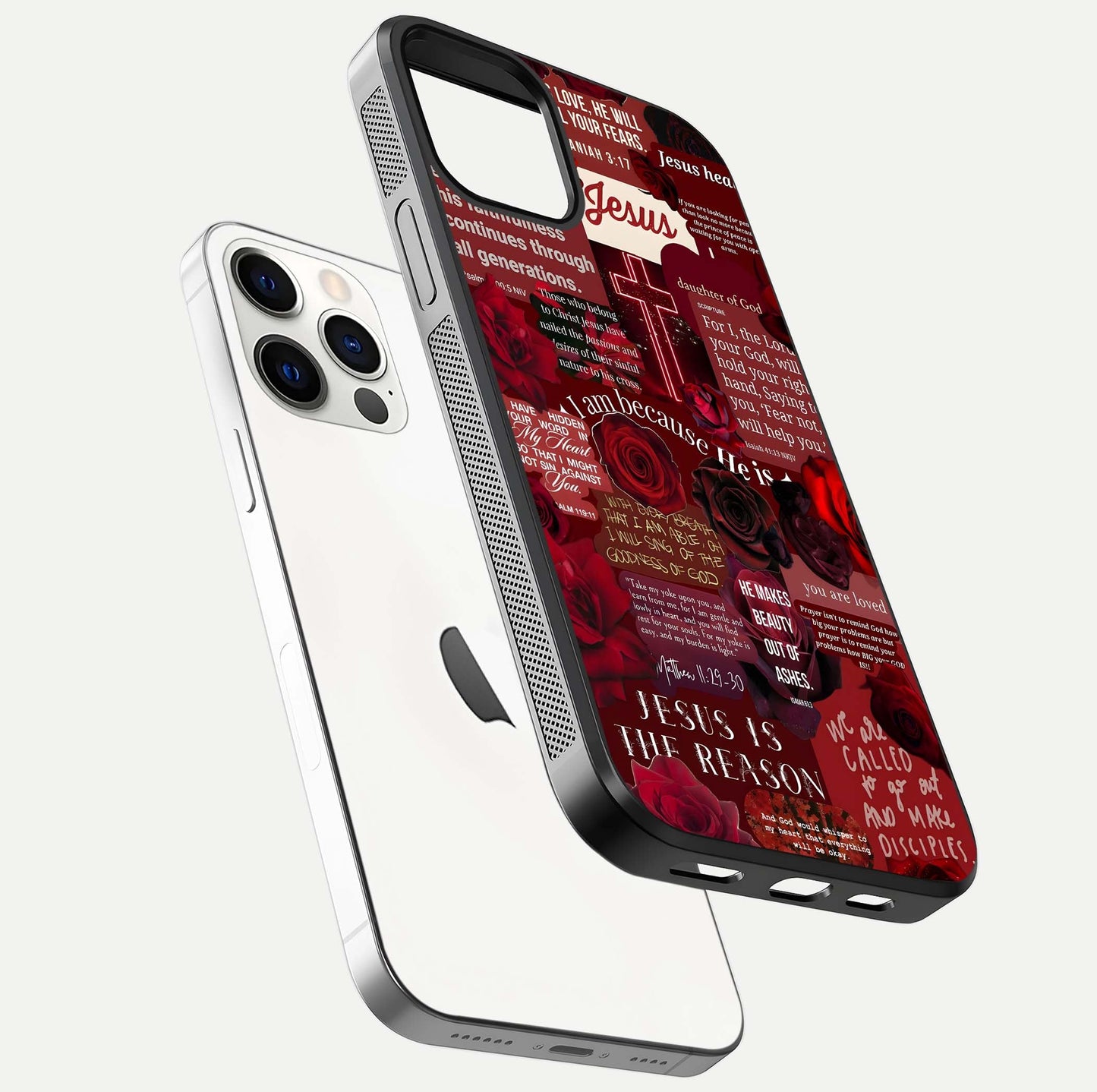 Jesus Love Heals Glass Case for iPhone 12 Pro floating dual-view mockup showing glossy shine and faith-inspired art