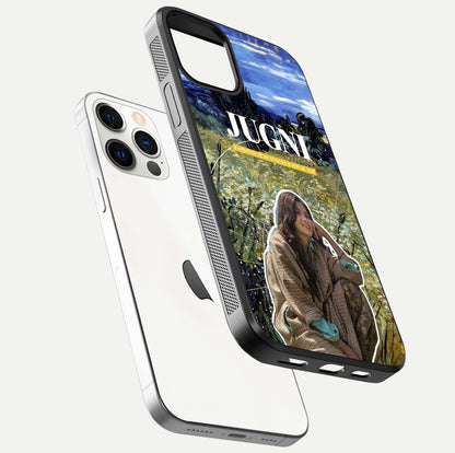 Jugni Soul Vibes Glass Case for iPhone 12 Pro floating dual-view mockup showing gloss surface and vivid design style