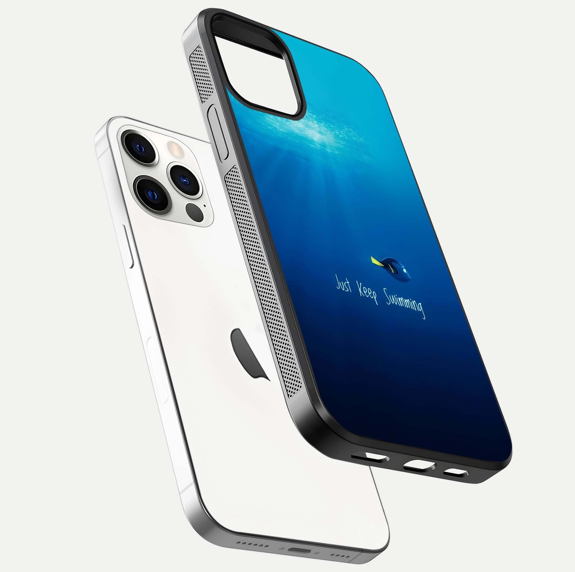 Just Keep Swimming Glass Case for iPhone 12 Pro floating dual-view mockup showing gloss brightness and wave motif
