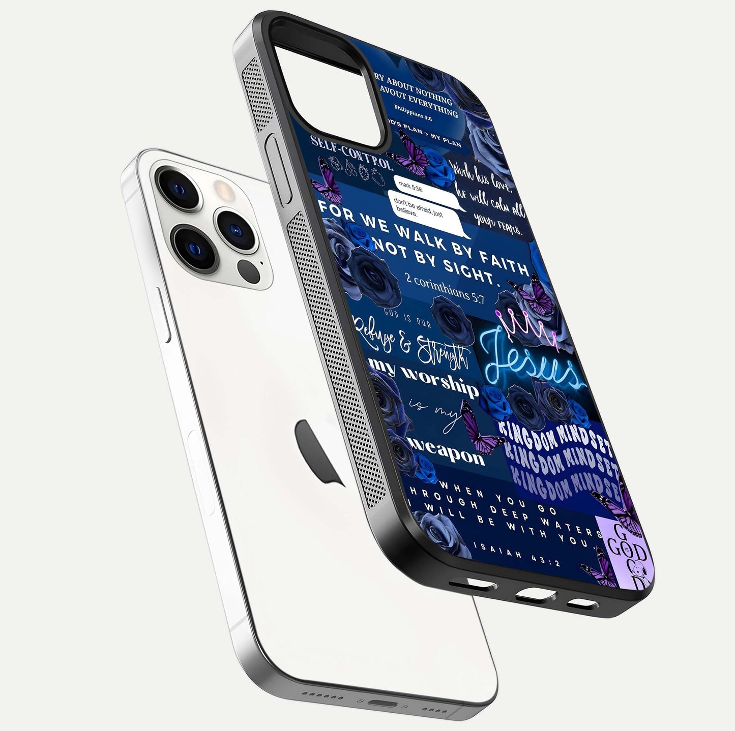 Kingdom Faith Glow Glass Case for iPhone 12 Pro floating dual-view mockup showing premium gloss and golden aura
