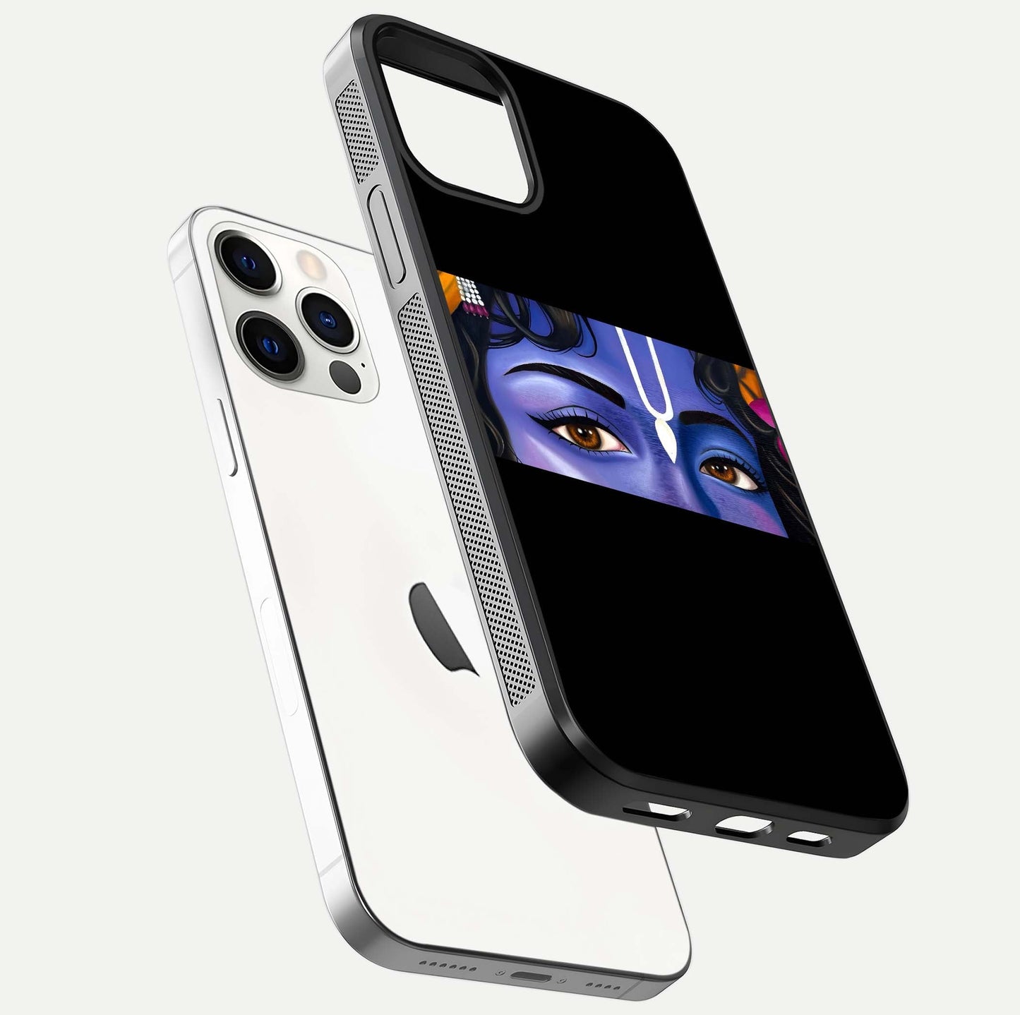 Krishna Eye Glass Case for iPhone 12 Pro floating dual-view mockup showing gloss surface and divine art depth