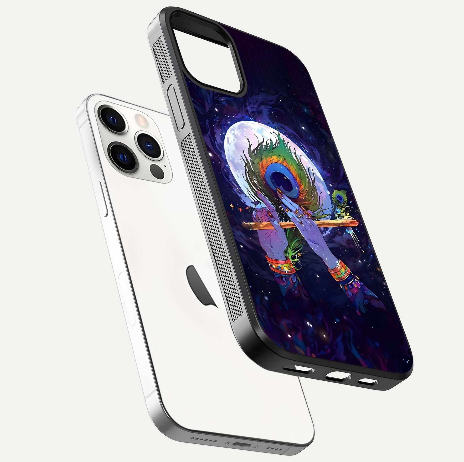 Krishna Hands Art Glass Case for iPhone 12 Pro floating dual-view mockup showing premium gloss reflection