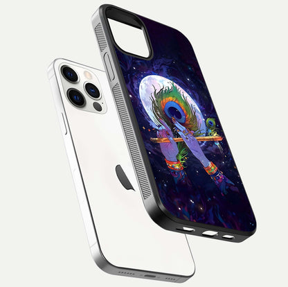 Krishna Hands Art Glass Case for iPhone 12 Pro floating dual-view mockup showing premium gloss reflection