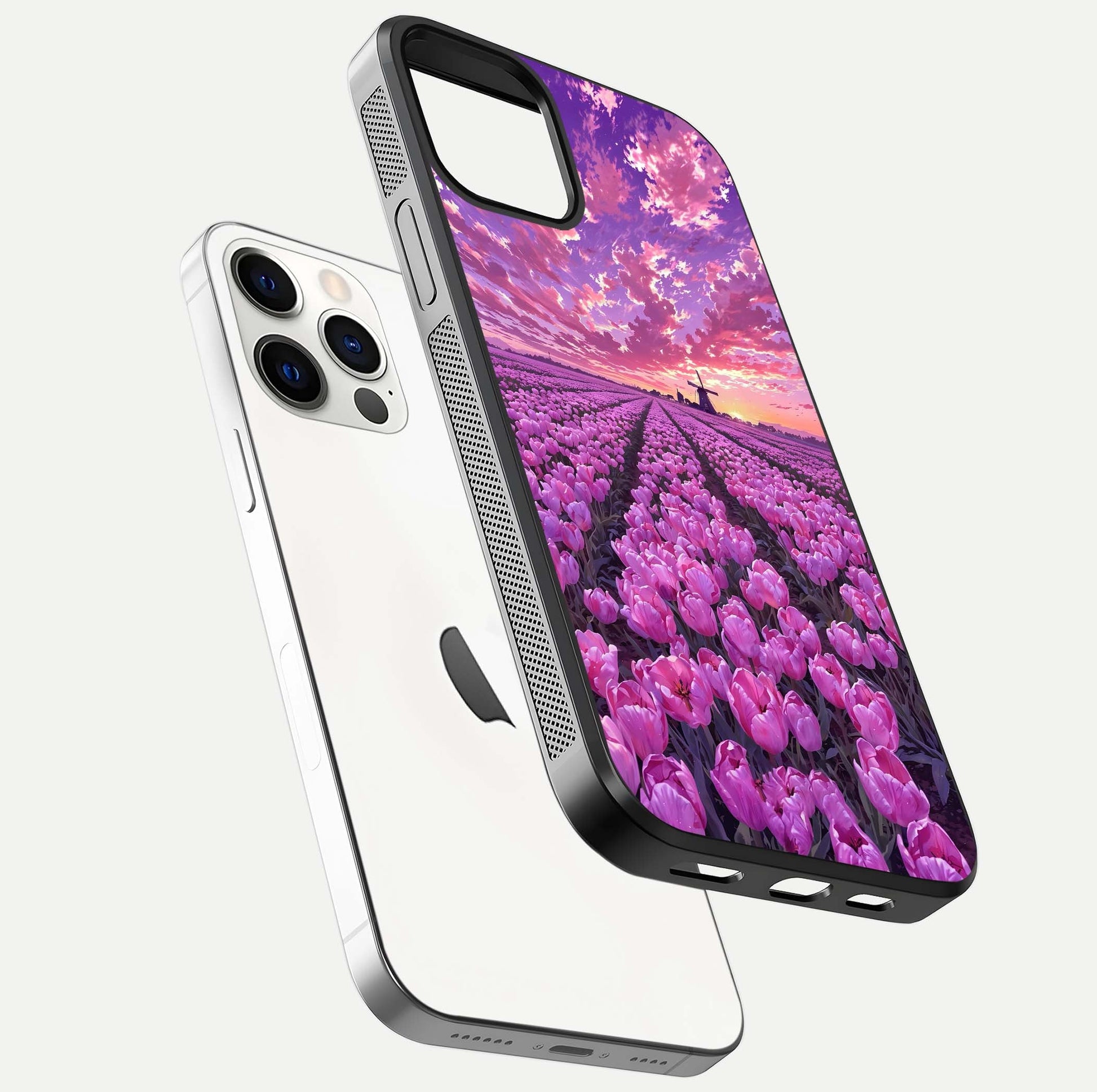 Lavender Dream Skies Glass Case for iPhone 12 Pro floating dual-view mockup showing gloss polish and pastel design