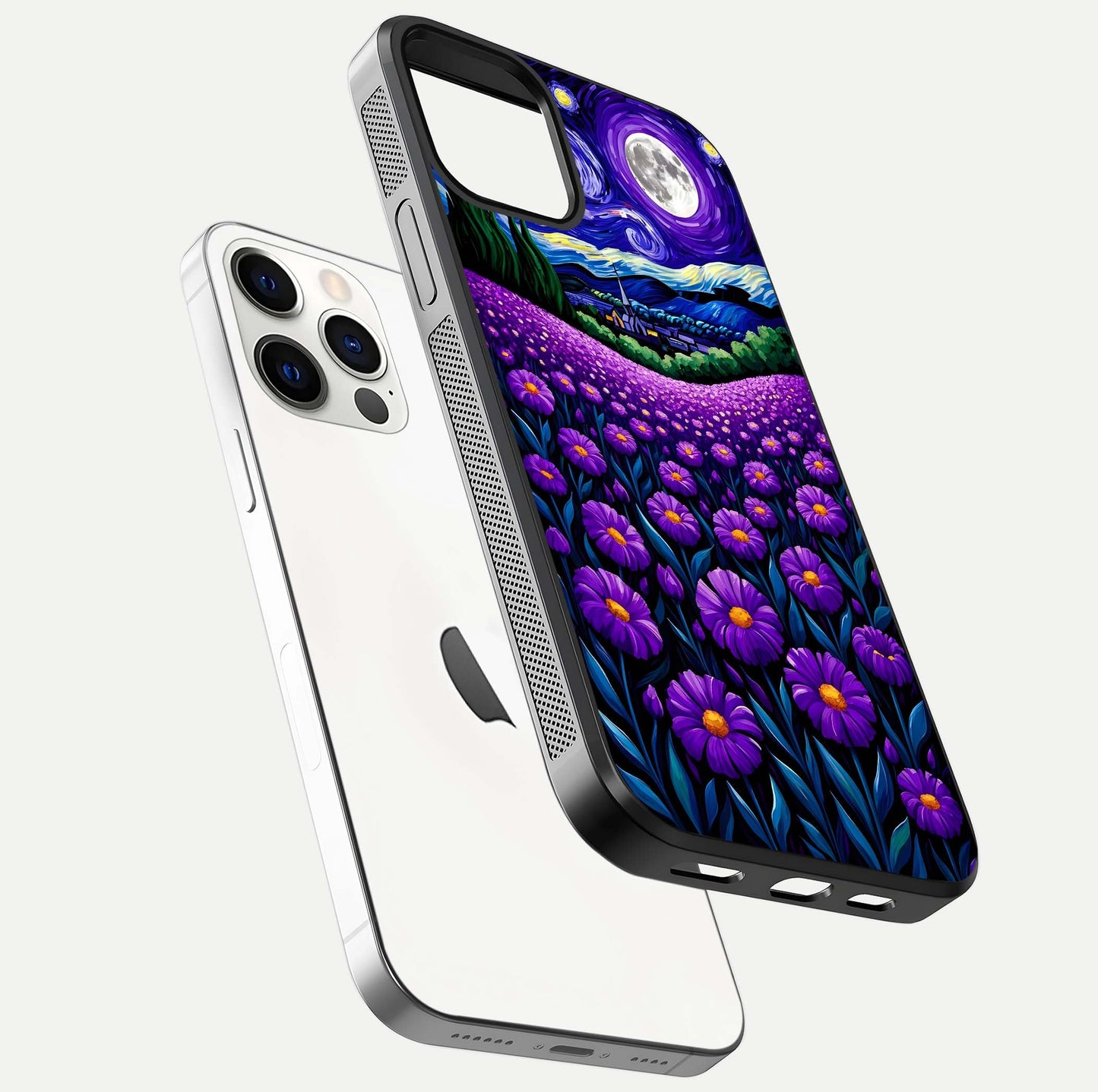 Lavender Moon Field Glass Case for iPhone 12 Pro floating dual-view mockup showing gloss surface and floral glow