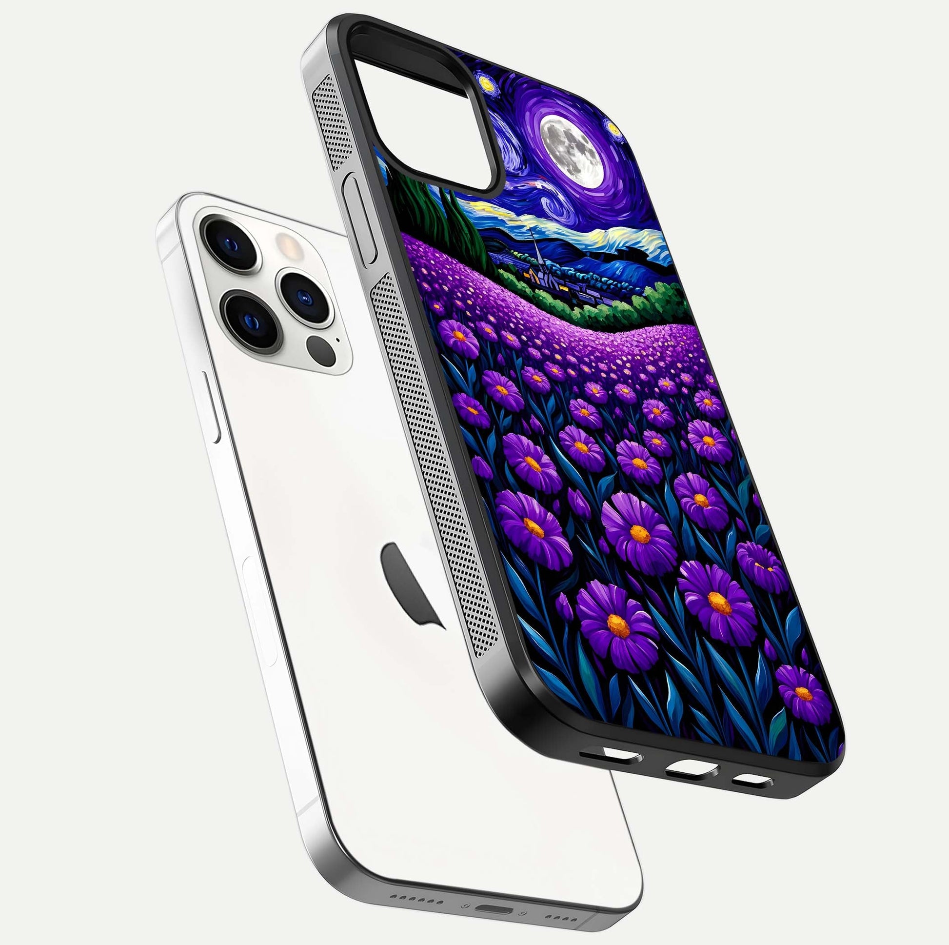 Lavender Moon Field Glass Case for iPhone 12 Pro floating dual-view mockup showing gloss surface and floral glow