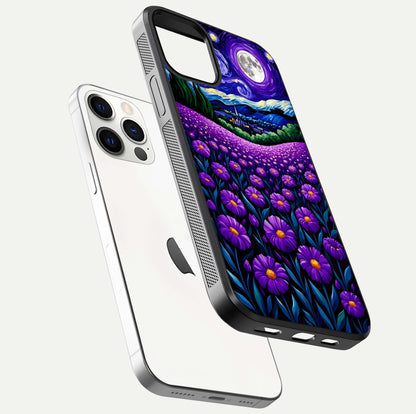 Lavender Moon Field Glass Case for iPhone 12 Pro floating dual-view mockup showing gloss surface and floral glow