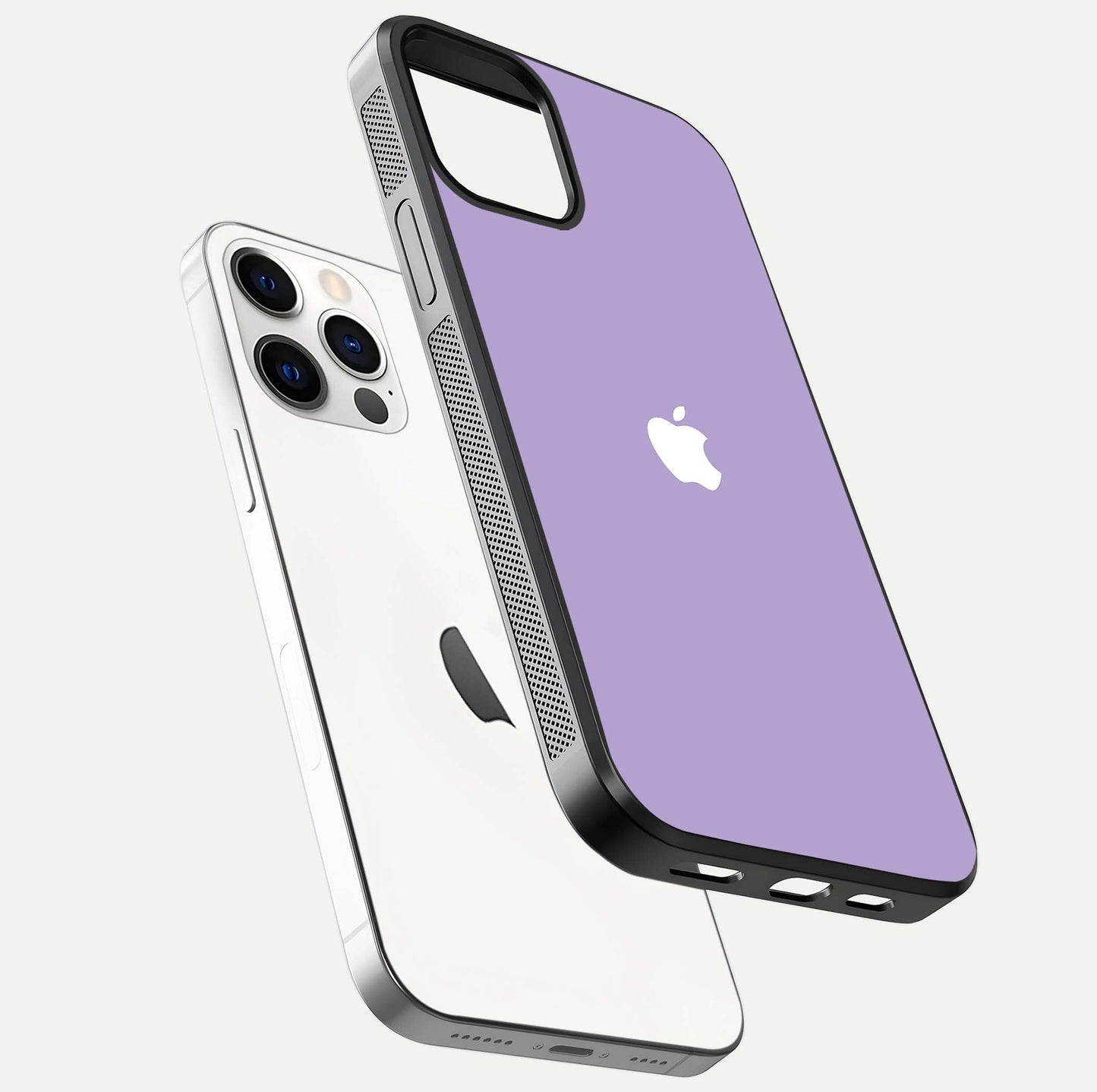 Lavender Soft Minimal Glass Case for iPhone 12 Mini floating dual-view mockup showing gloss reflection and pastel tone