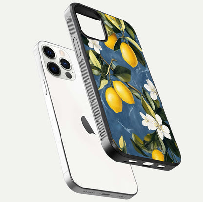 Lemon Dream Garden Glass Case for iPhone 12 Pro floating dual-view mockup showing gloss brightness and vivid yellow print
