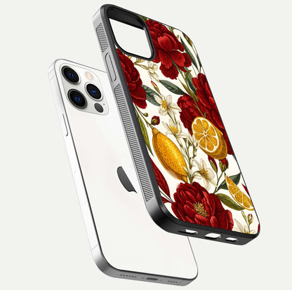 Lemon Rose Charm Glass Case for iPhone 12 Pro floating dual-view mockup showing gloss polish and floral gradient