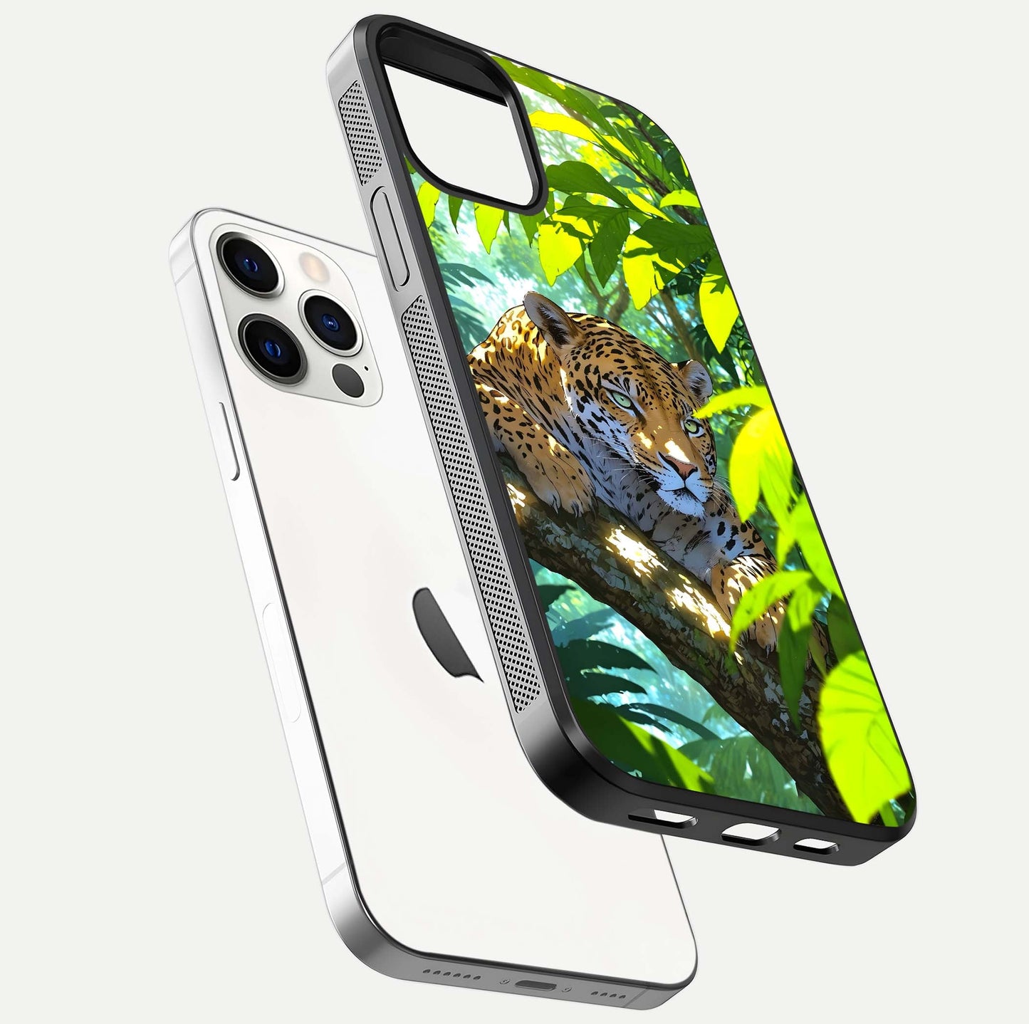 Leopard in Jungle Glass Case for iPhone 12 Pro floating dual-view mockup showing gloss finish and HD wild pattern