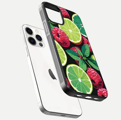 Lime and Raspberry Pattern Glass Case for iPhone 12 Pro floating dual-view showing HD gloss and vivid print