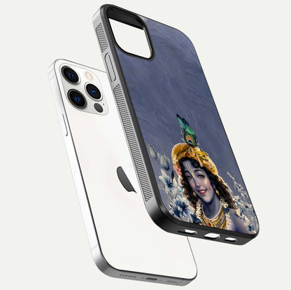 Lord Krishna Glass Case for iPhone 12 Pro floating dual-view showing glossy shine and divine artistic pattern
