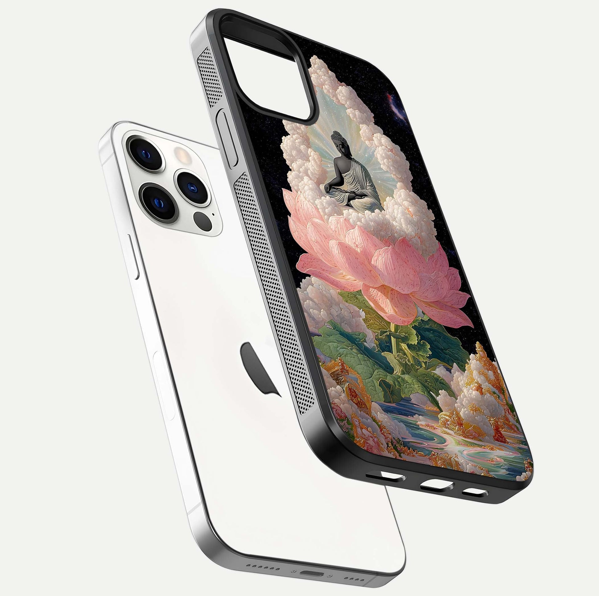Lotus Divine Peace Glass Case for iPhone 12 Pro floating dual-view mockup with glass glow and spiritual calm art