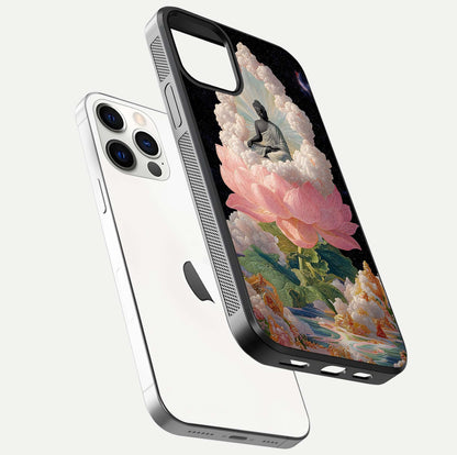Lotus Divine Peace Glass Case for iPhone 12 Pro floating dual-view mockup with glass glow and spiritual calm art