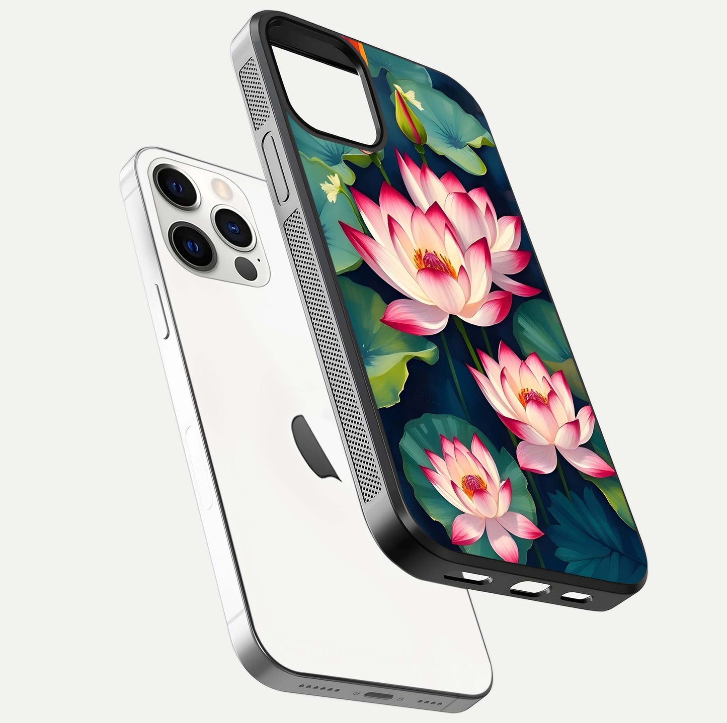 Lotus Dream Serenity Glass Case for iPhone 12 Pro floating dual-view mockup highlighting HD gloss glow