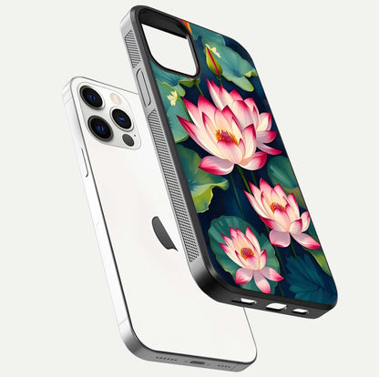 Lotus Dream Serenity Glass Case for iPhone 12 Pro floating dual-view mockup highlighting HD gloss glow