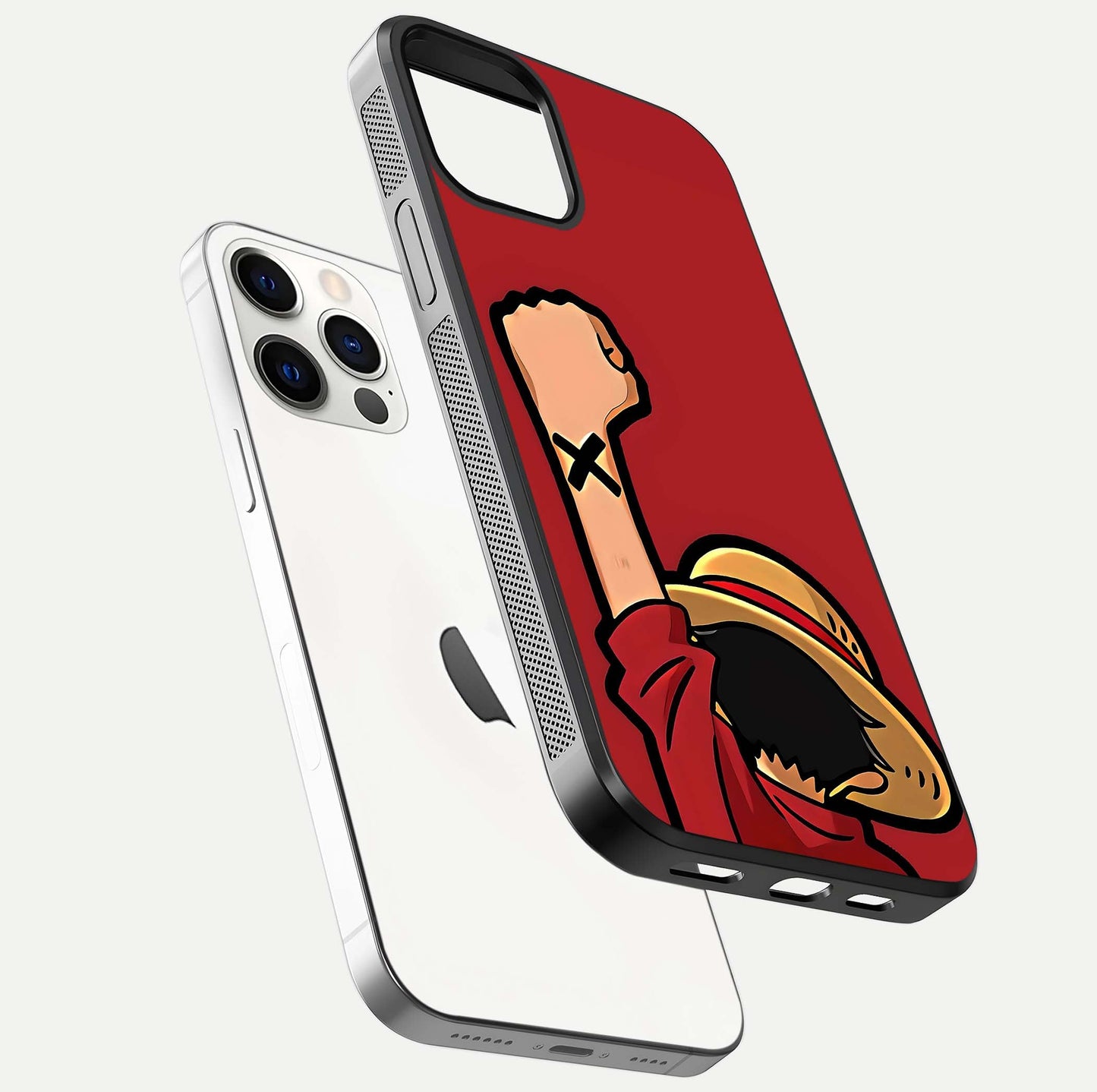 Luffy X Spirit Glass Case for iPhone 12 Pro floating dual-view mockup showing gloss polish and vibrant color depth