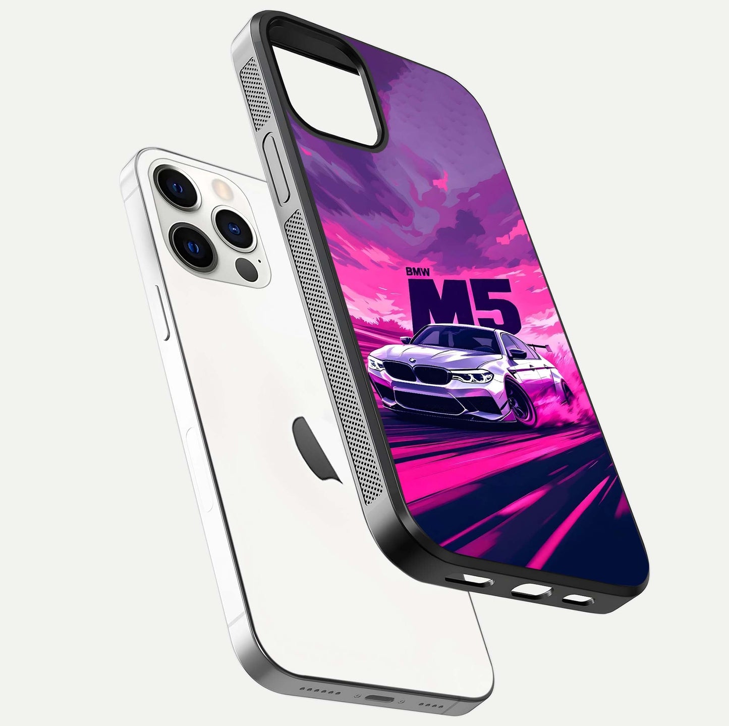MS Neon Car Glass Case for iPhone 12 Pro floating dual-view mockup showing HD gloss and electric color tones