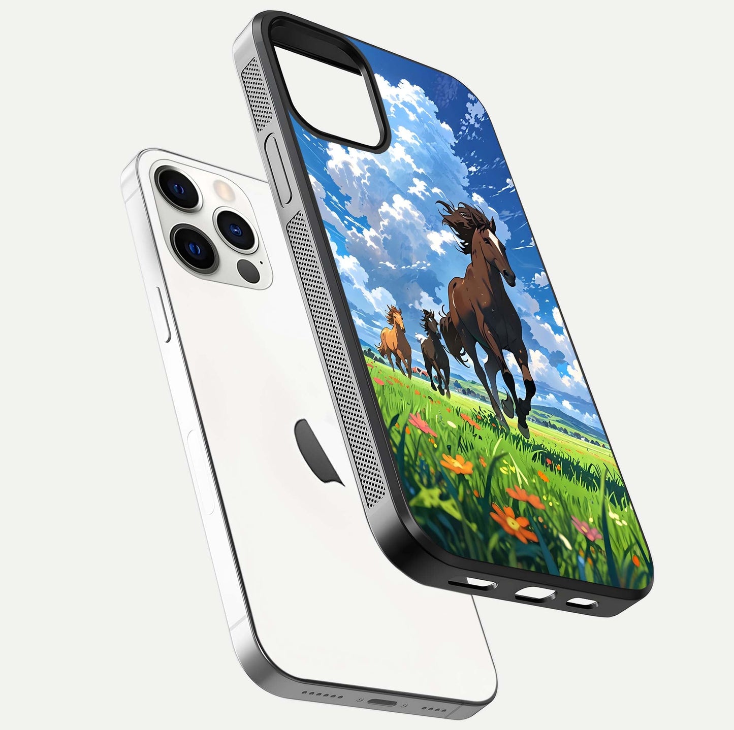Majestic Horses Galloping Glass Case for iPhone 12 Pro floating dual-view mockup showing gloss texture and vivid tones