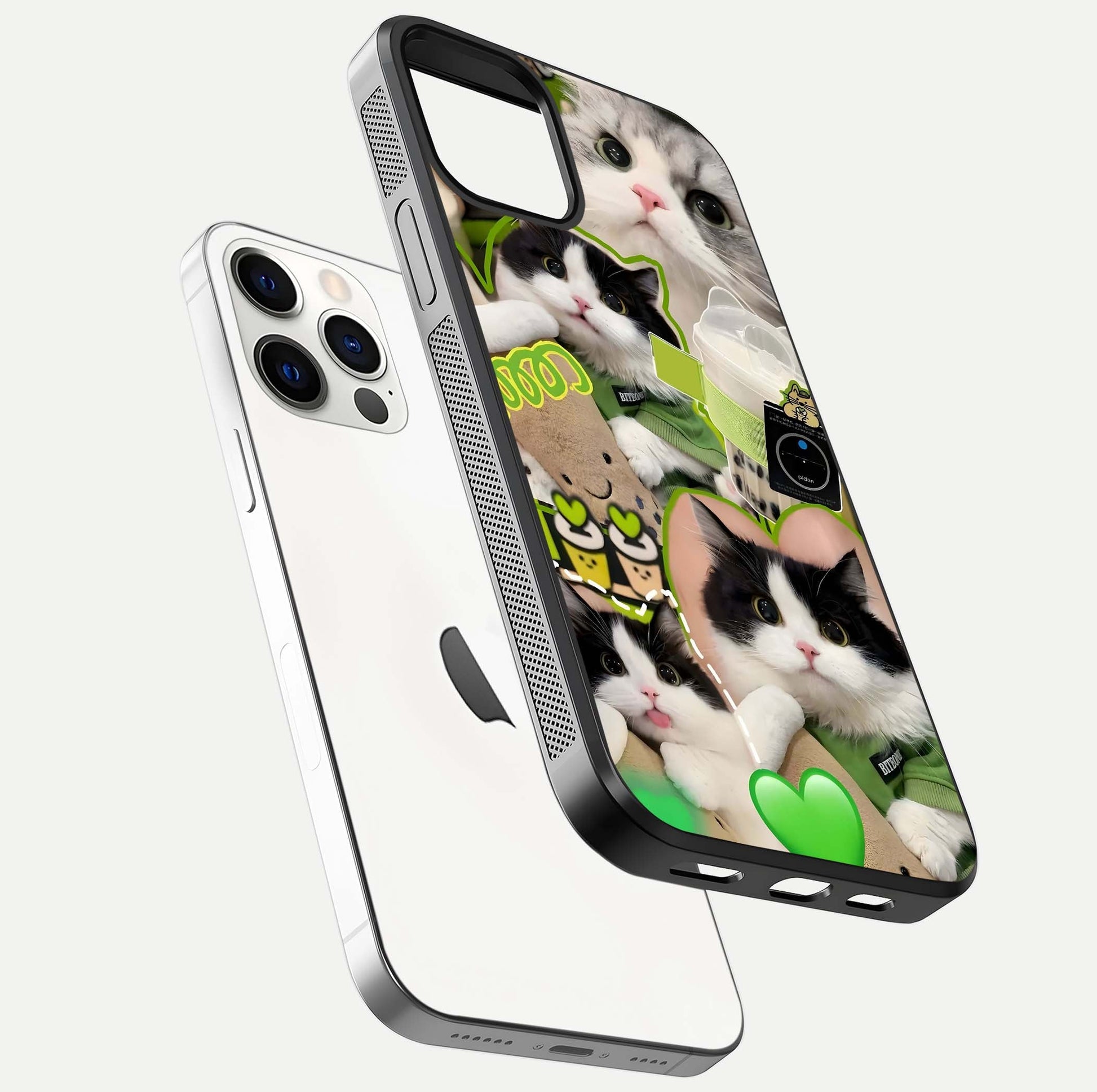 Matcha Cats Mood Glass Case for iPhone 12 Pro floating dual-view mockup showing HD gloss surface and soft tones