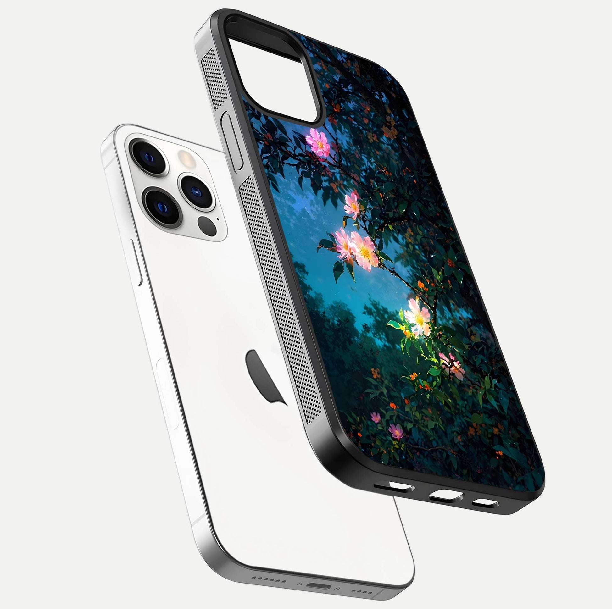 Midnight Bloom Glow Glass Case for iPhone 12 Pro floating dual-view mockup showing HD gloss and floral contrast