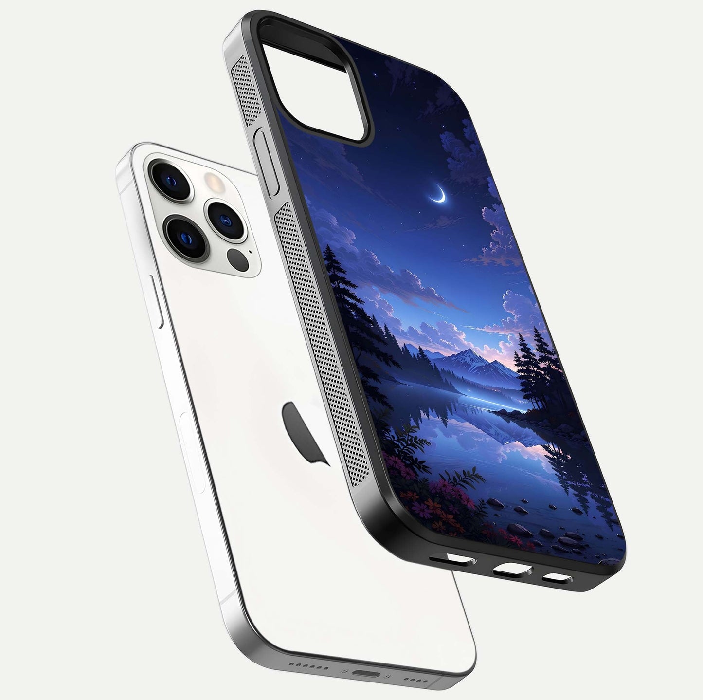 Midnight Lake Peace Glass Case for iPhone 12 Pro floating dual-view mockup showing gloss finish and peaceful art