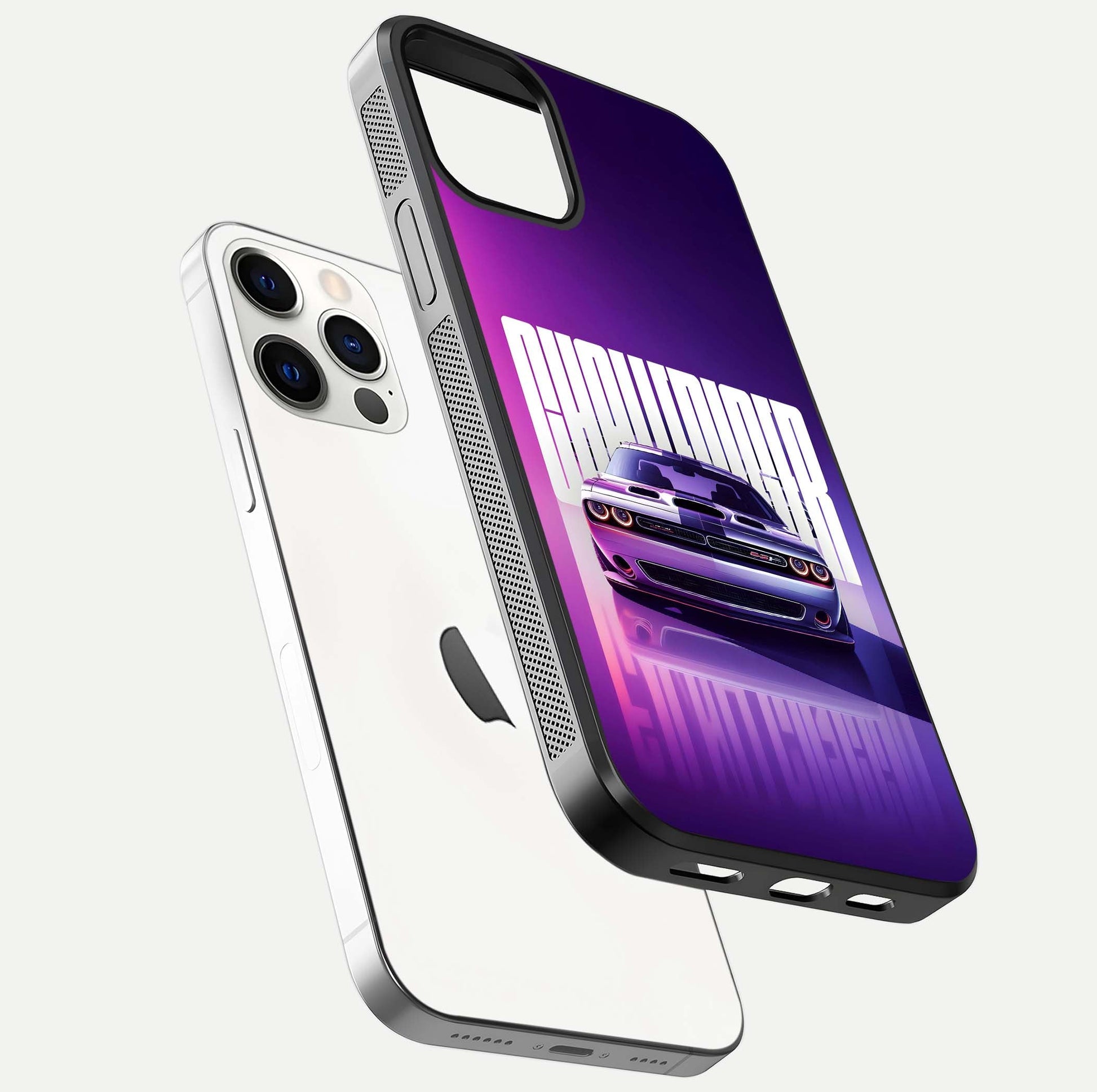 Midnight Muscle Ride Glass Case for iPhone 12 Pro floating dual-view mockup showing glossy finish and shine depth