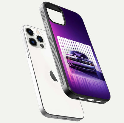 Midnight Muscle Ride Glass Case for iPhone 12 Pro floating dual-view mockup showing glossy finish and shine depth