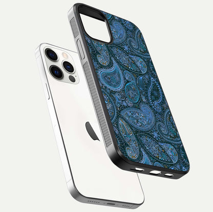 Midnight Paisley Glow Glass Case for iPhone 12 Pro floating dual-view mockup showing HD gloss and rich pattern