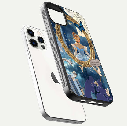Midnight Queen Glass Case for iPhone 12 Pro floating dual-view mockup showing HD glass shine and luxury art