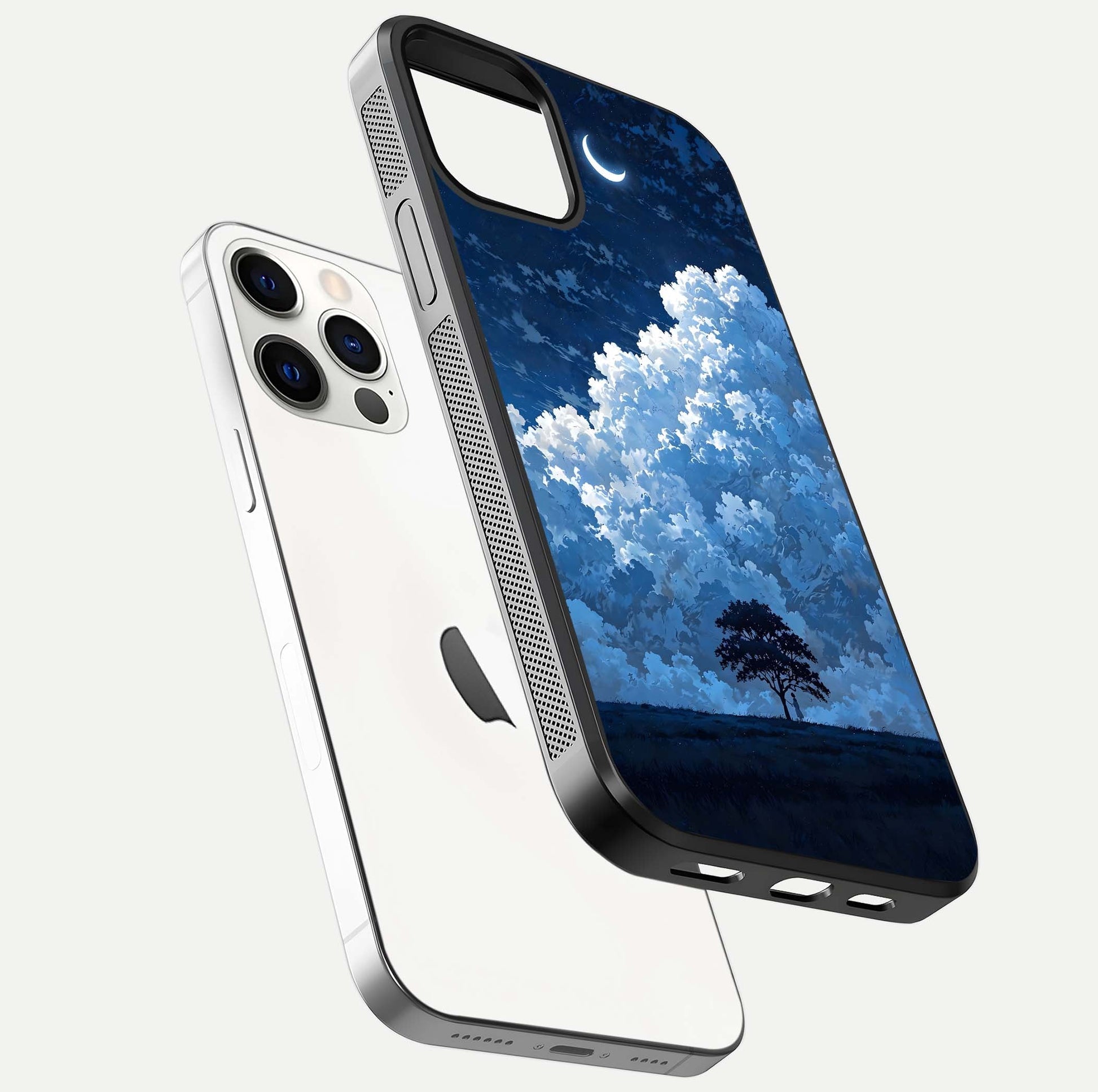 Midnight Sky Serenity Glass Case for iPhone 12 Pro floating dual-view mockup showing HD gloss and night shine