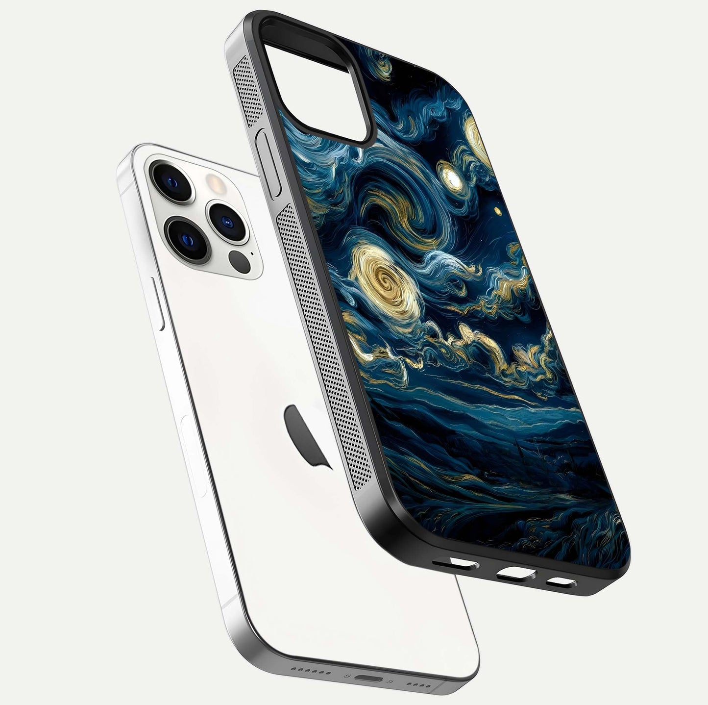 Midnight Sky Whirl Glass Case for iPhone 12 Pro floating dual-view mockup showing gloss texture and shine