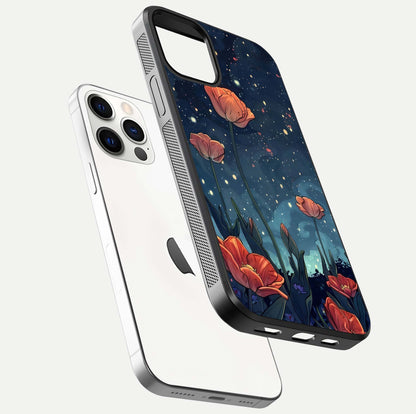 Midnight Tulip Glow Glass Case for iPhone 12 Pro floating dual-view mockup showing HD gloss and tulip tone