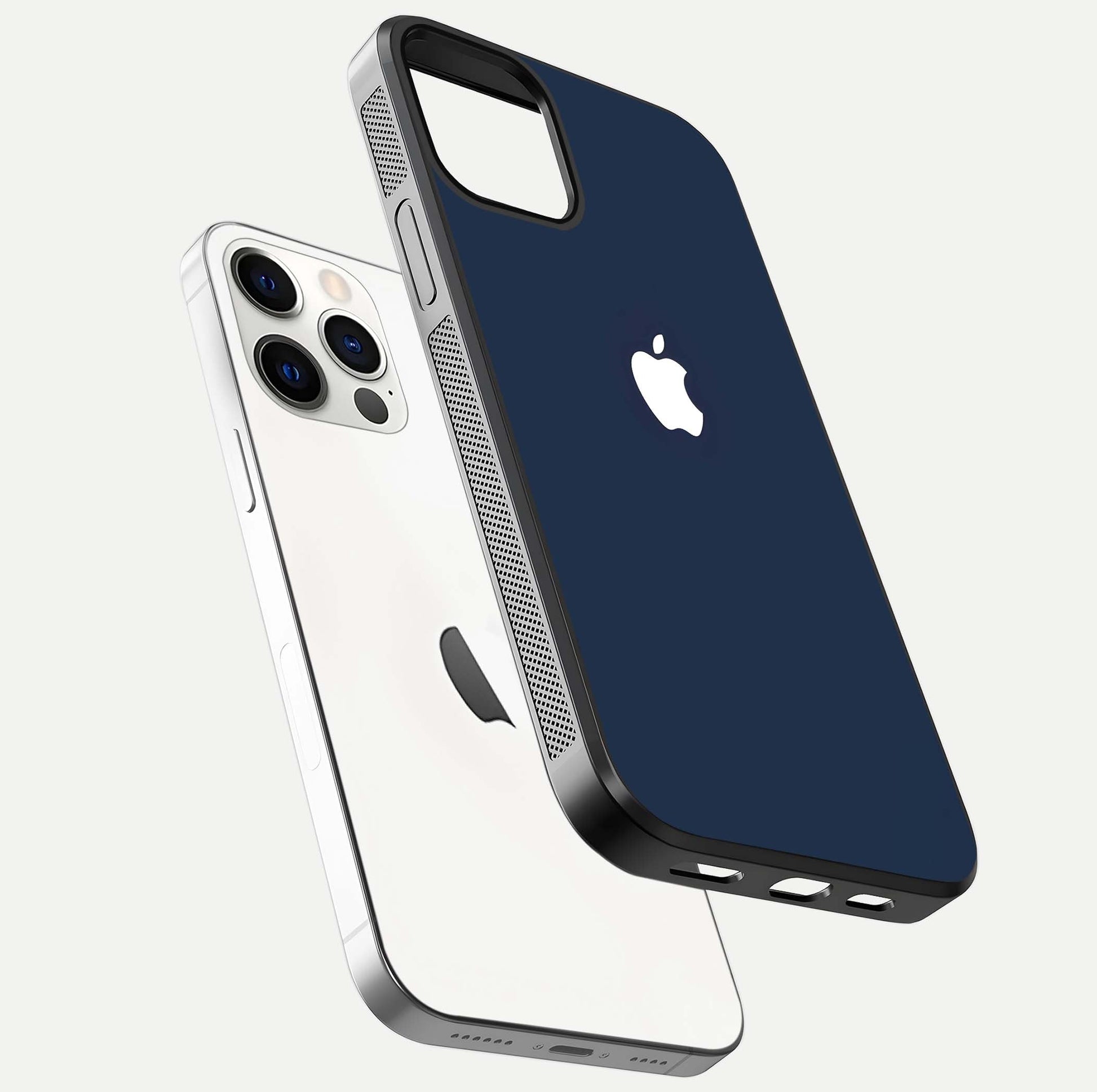 Minimal Apple Night Glass Case for iPhone 12 Mini floating dual-view mockup showing HD shine and minimal style