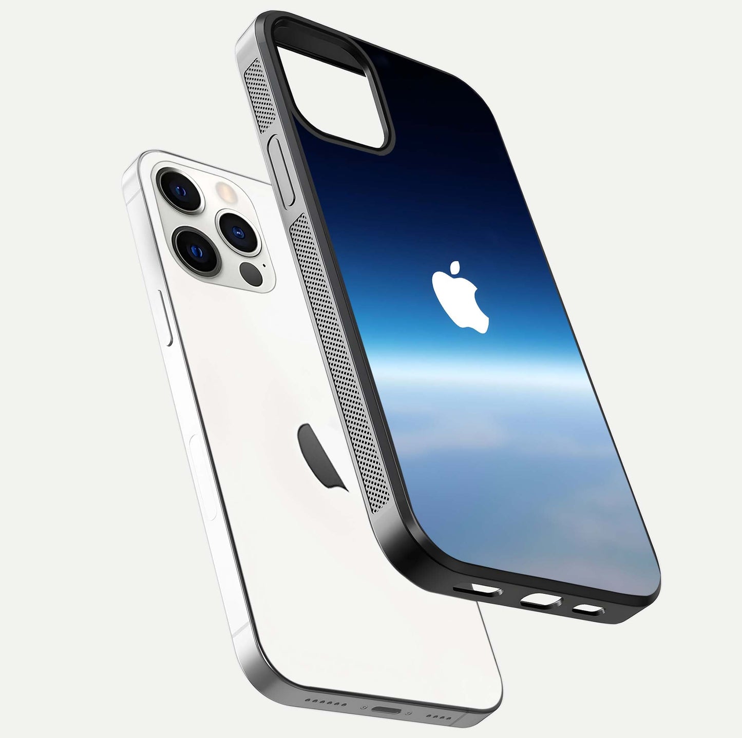 Minimal Apple Sky Glass Case for iPhone 12 Mini floating dual-view mockup showing HD gloss and Apple design