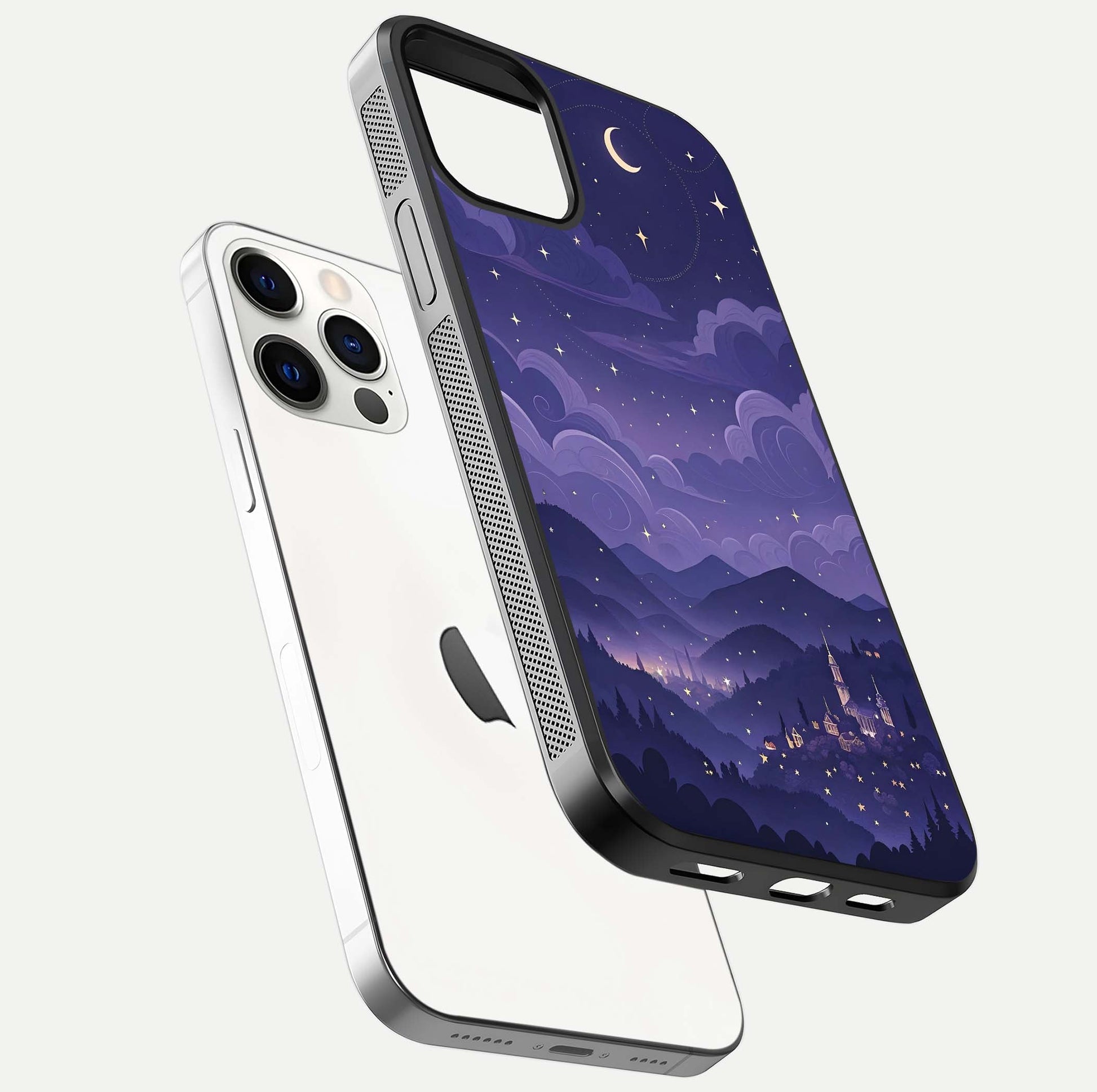 Minimal Night View Glass Case for iPhone 12 Mini floating dual-view mockup showing HD gloss and clean lines