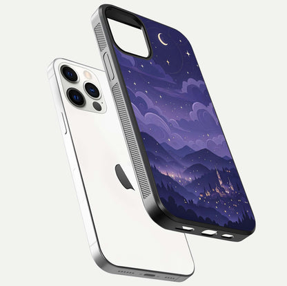 Minimal Night View Glass Case for iPhone 12 Mini floating dual-view mockup showing HD gloss and clean lines