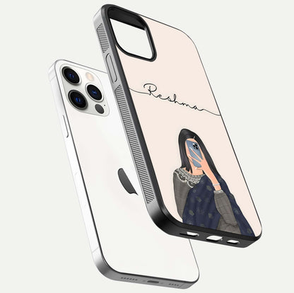 Mirror Mood Muse Custom Name Glass Case for iPhone 12 Pro floating dual-view mockup showing reflection and luxury style