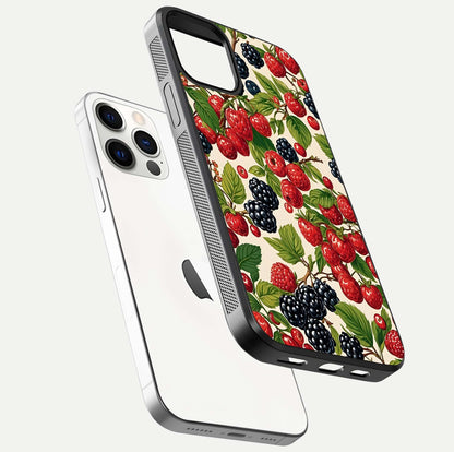 Mixed Berry Collage Glass Case for iPhone 12 Pro floating dual-view mockup showing gloss depth and vibrant design